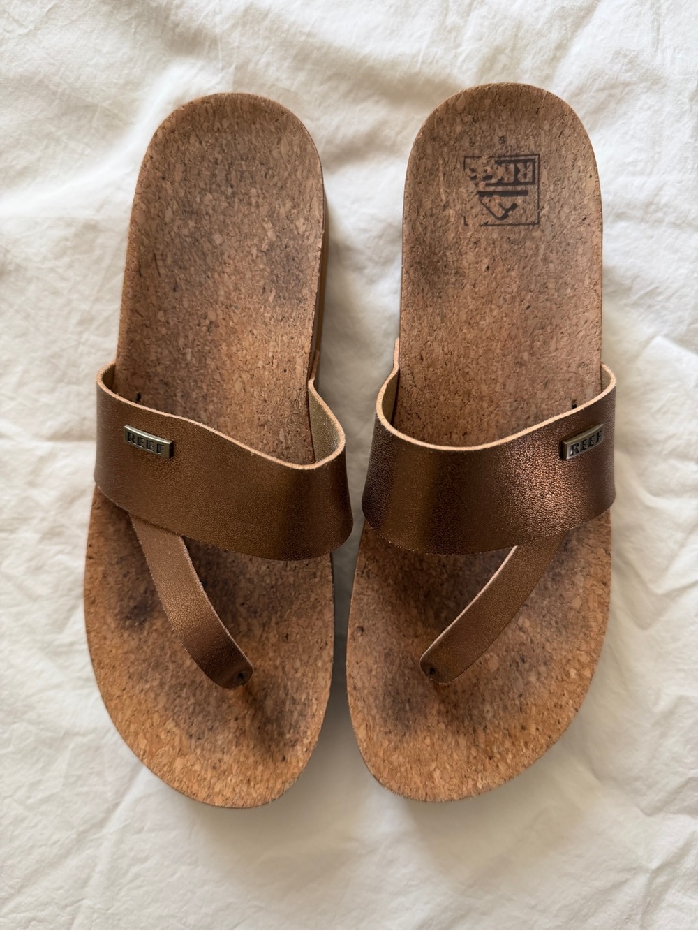 Reef Bronze Platform Wedge Flip Flops Cork Footbed Size 9